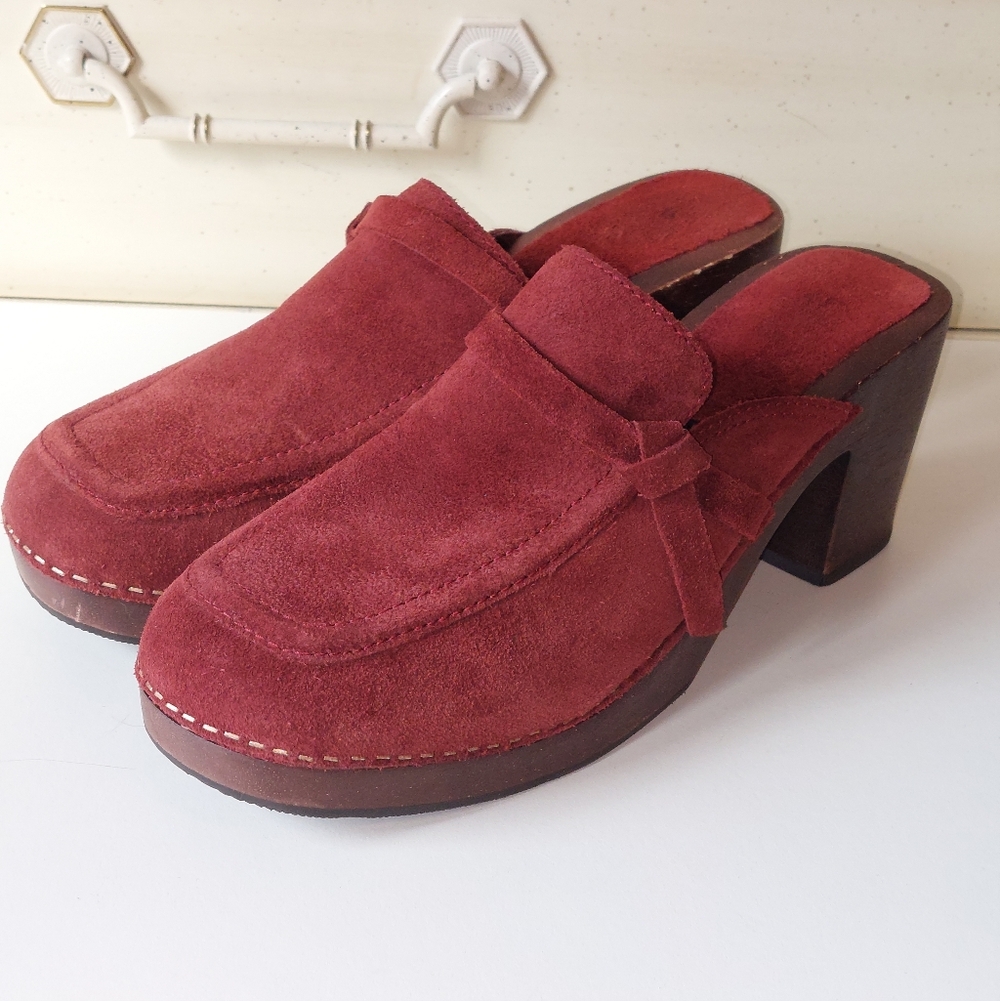 VTG Brazil Suede leather stacked heel platform clogs shoes slip American Eagle - Picture 4 of 6